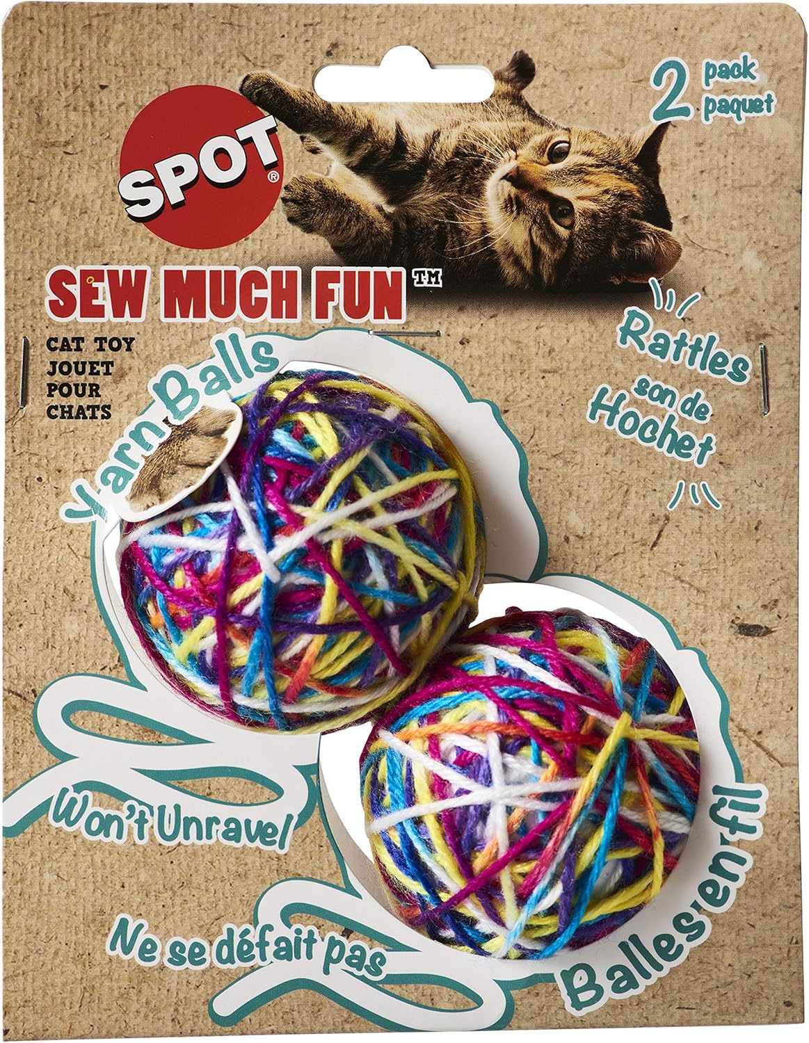 SPOT Ethical Products Sew Much Fun/Yarn Ball Cat Toy / 2.5" / 2Pack, Multicolor