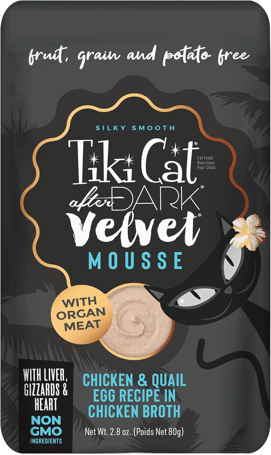 Tiki Cat After Dark, Velvet Mousse, Chicken & Quail Egg Recipe in Chicken Broth, Grain & Potato Free Formula, with High Protein & Nutrient Dense Blended Organ Meat