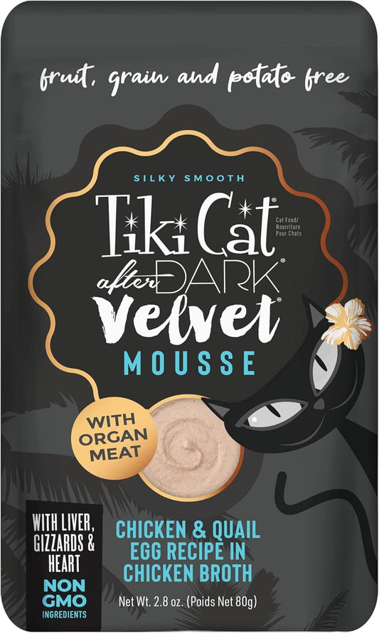 Tiki Cat After Dark, Velvet Mousse, Chicken & Quail Egg Recipe in Chicken Broth, Grain & Potato Free Formula, with High Protein & Nutrient Dense Blended Organ Meat