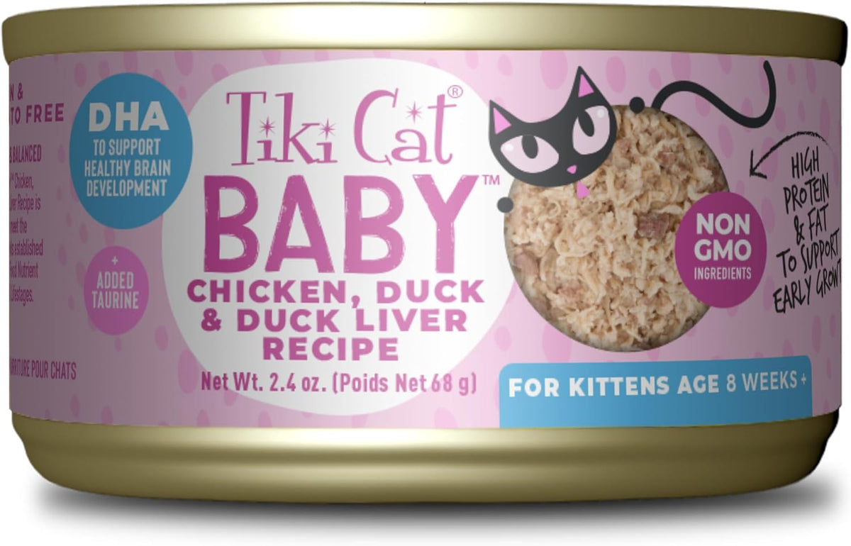 Tiki Cat Baby, Chicken Duck & Duck Liver Mousse & Shreds, High-Protein and Flavorful, Wet Cat Food for Kittens 4 Weeks Plus
