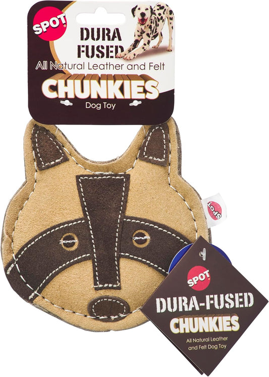 SPOT Dura-Fused Chunkies Raccoon - All Natural Leather and Felt Dog Toy - No Squeak, No Fluff, Durable, Extra Thick Dog Chew Toy for Aggressive Chewers, Great for Adult Dogs and Teething Puppies, 5in