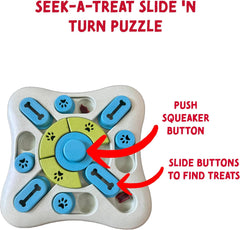 SPOT Seek A Treat Slide' N Turn Puzzle -Interactive Dog Puzzle Toy for Small, Medium & Large Smart Dogs and Cats, Squeaky, Enrichment and Mentally Stimulating Toy for Training and Boredom Buster