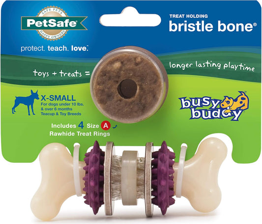PetSafe Busy Buddy Bristle Bone Dog Toy - Treat-Holding Toy for Small Dogs - Treat Rings Included - Rigorously Tested Ingredients - Purple, Extra Small (BB-BRI-BN-XS)