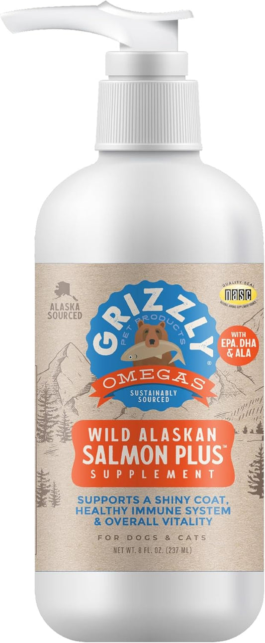 Grizzly Wild Alaskan Salmon Oil Dog Food Supplement Omega 3 Fatty Acids, 8 oz