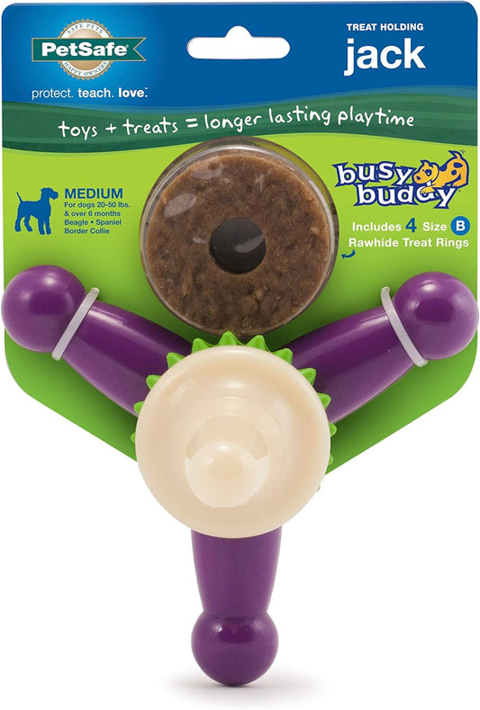 PetSafe Busy Buddy Jack - Treat Holding Dog Chew Toys - Helps Clean Teeth - Vanilla Scented Rubber for Strong Chewers - Treat Refills Included, Interactive Dog Toy Helps Keep Dogs Busy, Purple, Medium