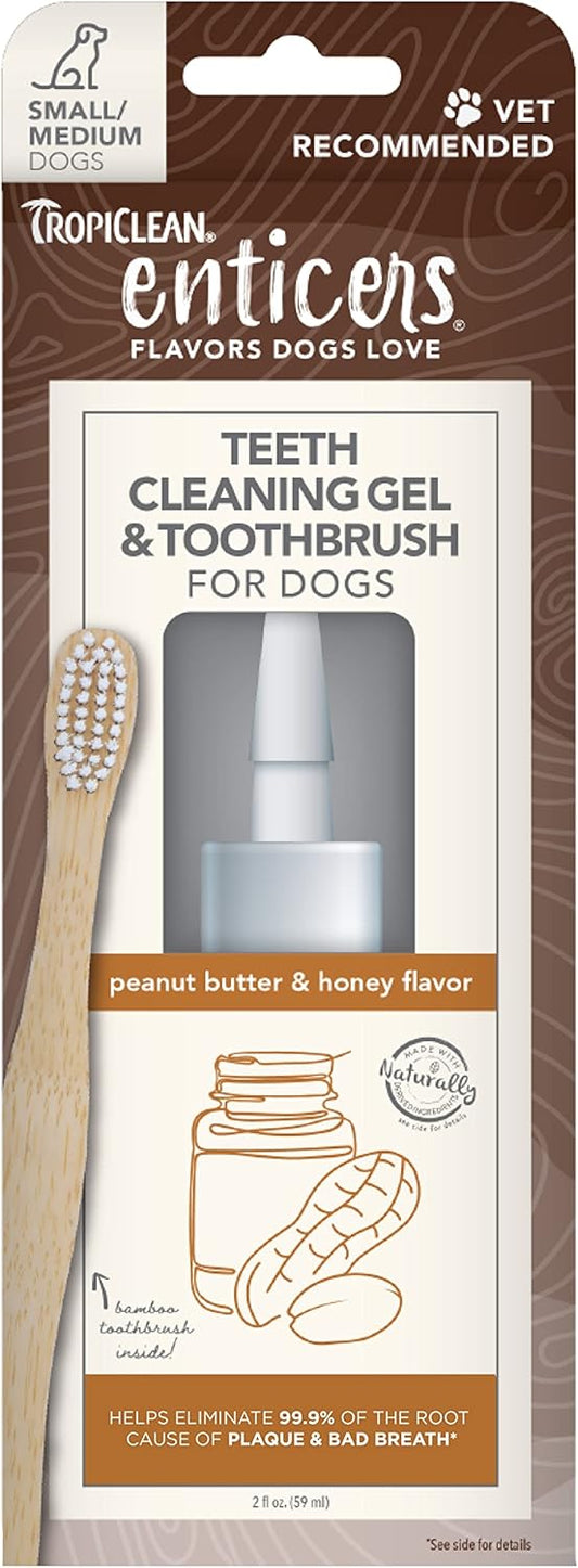 TropiClean Enticers Teeth Cleaning Gel & Toothbrush for S/M Dogs | Peanut Butter & Honey | Bamboo Brush Speeds Up Plaque Removal | Gell Helps Fight Bad Breath | 2 oz