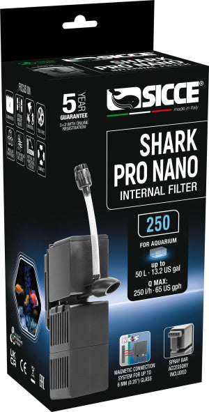 Sicce Shark Pro Nano Internal 85 GPH Aquarium Power Filter up to 20 Gallon Aquariums | Quiet Spray Bar Mini Fish Turtle Pond Tank