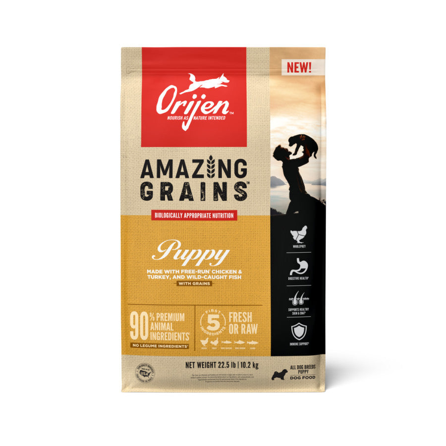 ORIJEN Amazing Grains Puppy Dry Dog Food, High Protein Dog Food for Puppies, Fresh or Raw Ingredients