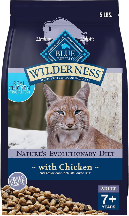 Blue Buffalo Wilderness Natural Mature Dry Cat Food for Cats 7+ Years, High-Protein and Grain-Free Diet, Supports Immune System Health and Energy to Stay Active, Chicken