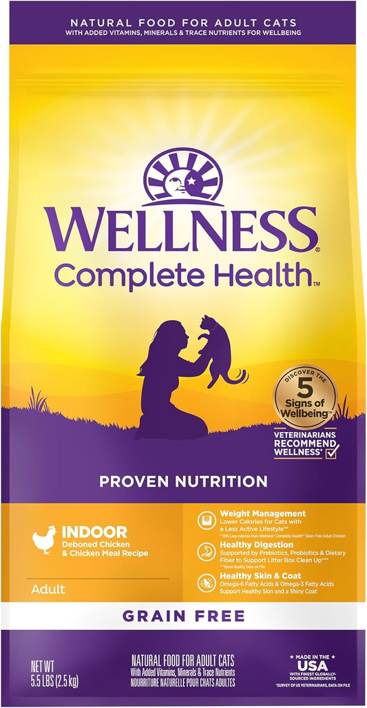 Wellness Complete Health Adult Dry Cat Food for Indoor Cats, Grain Free, Natural, Chicken & Chicken Meal