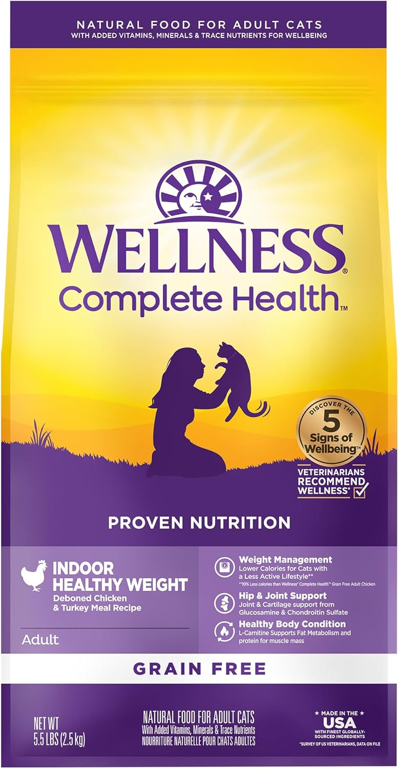 Wellness Complete Health Adult Dry Cat Food for Indoor Cats, Grain Free, Natural, Healthy Weight Chicken & Turkey Meal