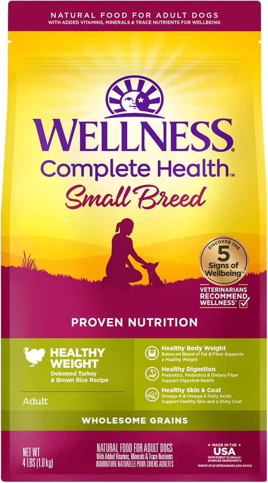 Wellness Complete Health Small Breed Dry Dog Food with Grains, Natural Ingredients, Made in USA with Real Turkey, For Dogs Up to 25 lbs (Adult, Healthy Weight Turkey & Rice)