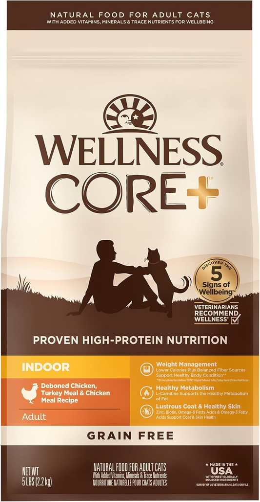 Wellness CORE+ Grain-Free High Protein Adult Dry Cat Food, Chicken, Turkey & Chicken Meal Indoor Formula Dry Cat Food