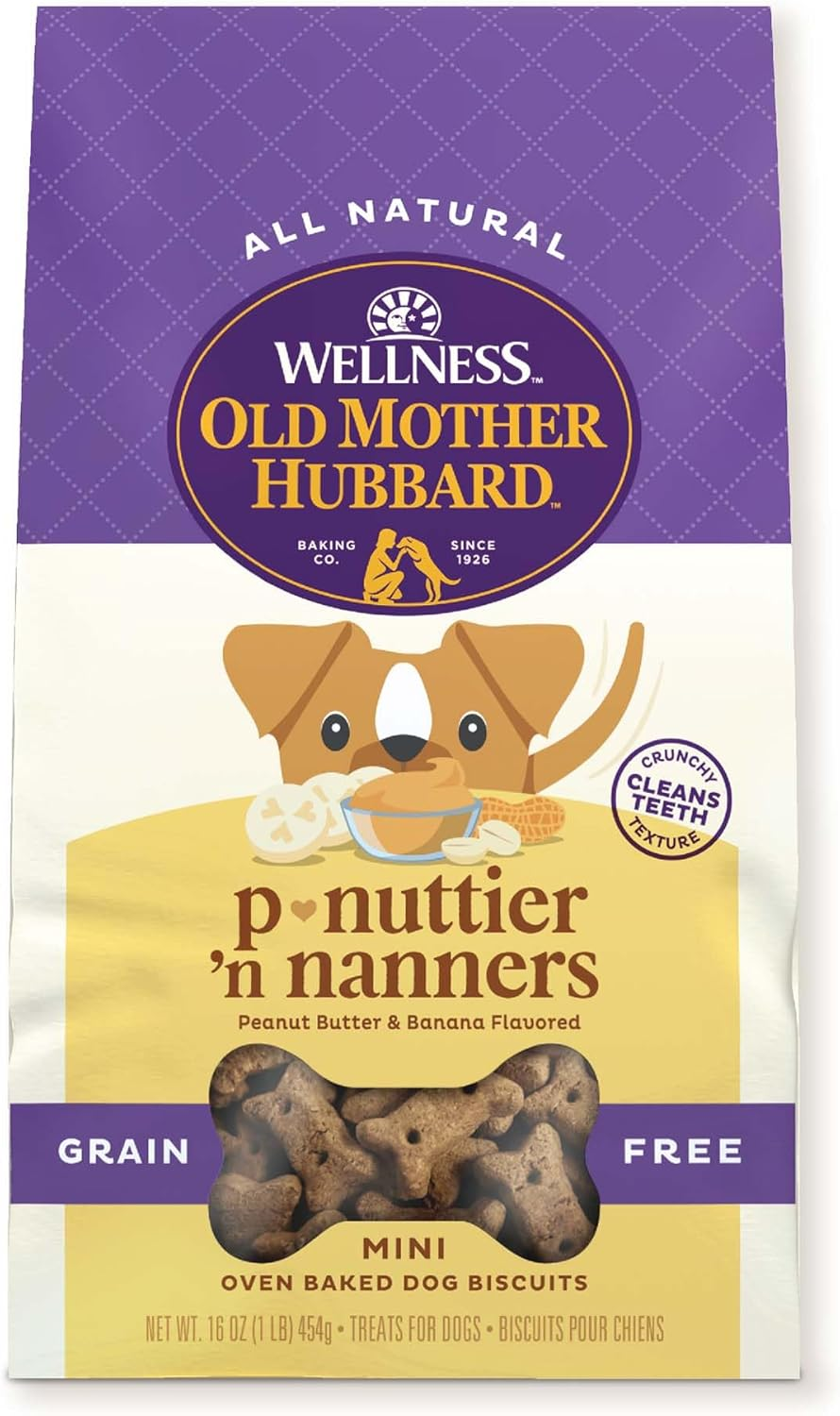 Wellness Old Mother Hubbard P-Nuttier 'N Nanners Dog Biscuits, Natural, Training Treats, Peanut Butter & Banana Flavor, Mini Size