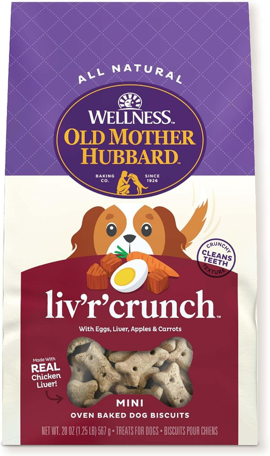 Wellness Old Mother Hubbard Liv'R'Crunch Dog Biscuits, Natural, Training Treats, Chicken Liver, Oats, Apples, Carrots, & Eggs Flavor, Mini Size
