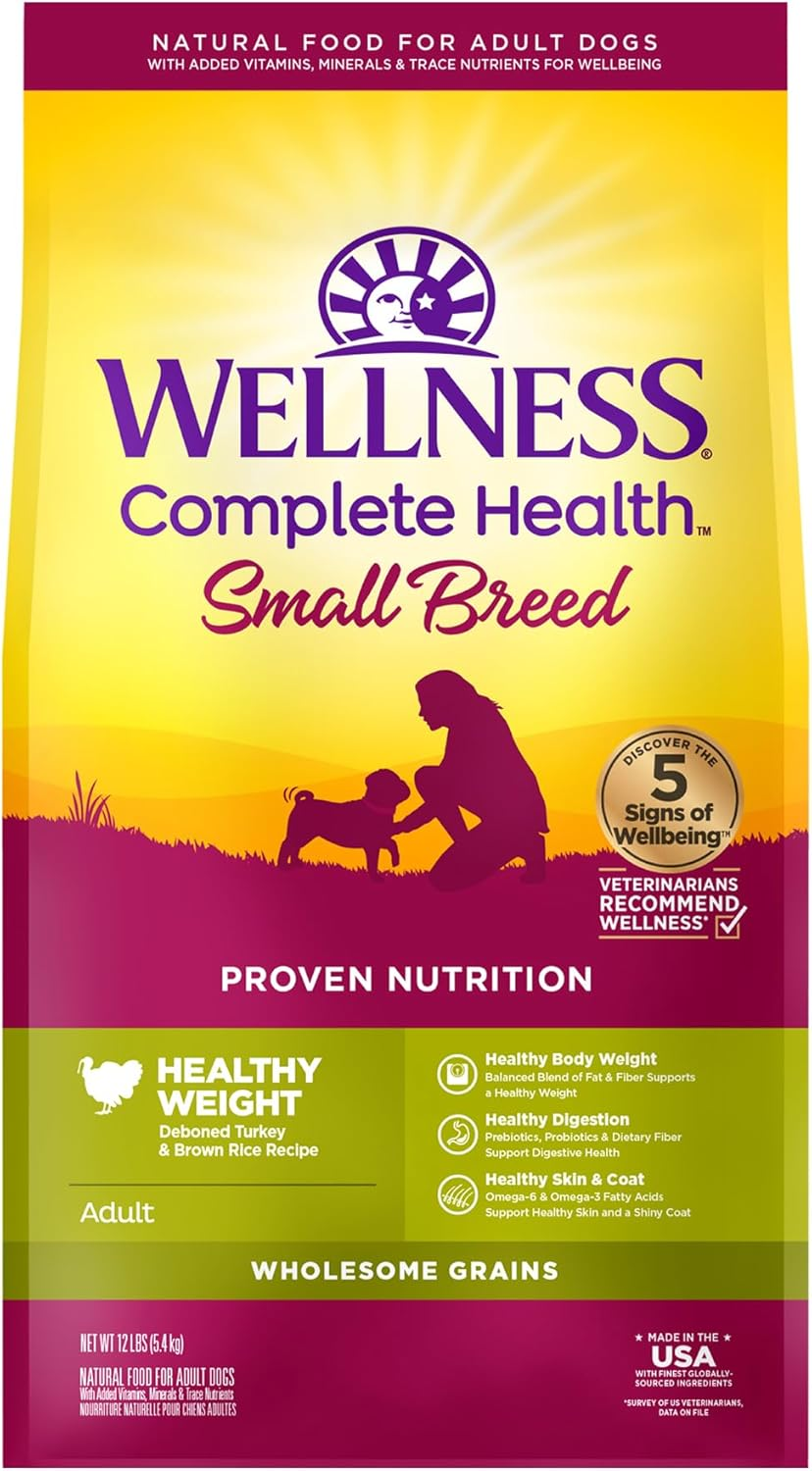 Wellness Complete Health Small Breed Dry Dog Food with Grains, Natural Ingredients, Made in USA with Real Turkey, For Dogs Up to 25 lbs (Adult, Healthy Weight Turkey & Rice)