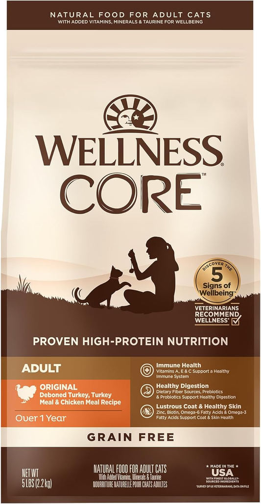 Wellness CORE High Protein Grain-Free Adult Dry Cat Food, Original Formula Turkey, Turkey Meal & Chicken Recipe