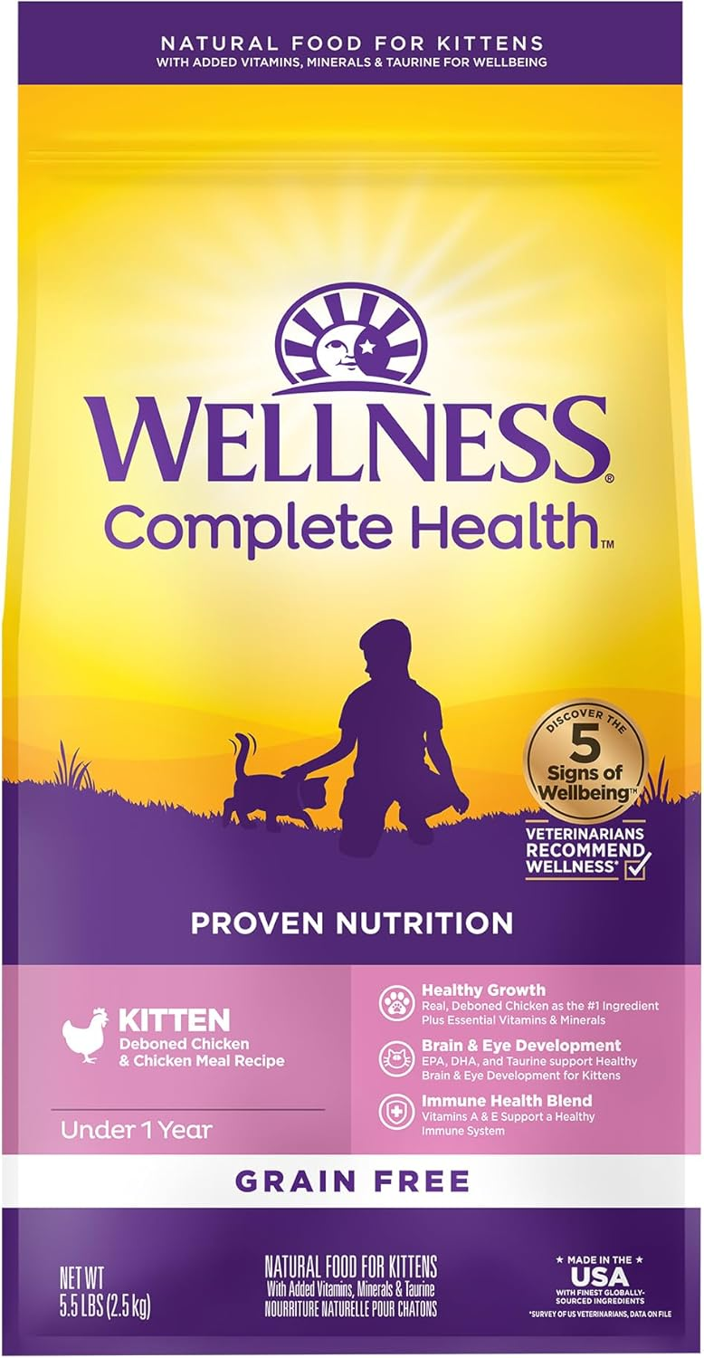 Wellness Complete Health Kitten Dry Cat Food for Indoor and Outdoor Cats, Grain Free, Natural, Chicken & Chicken Meal