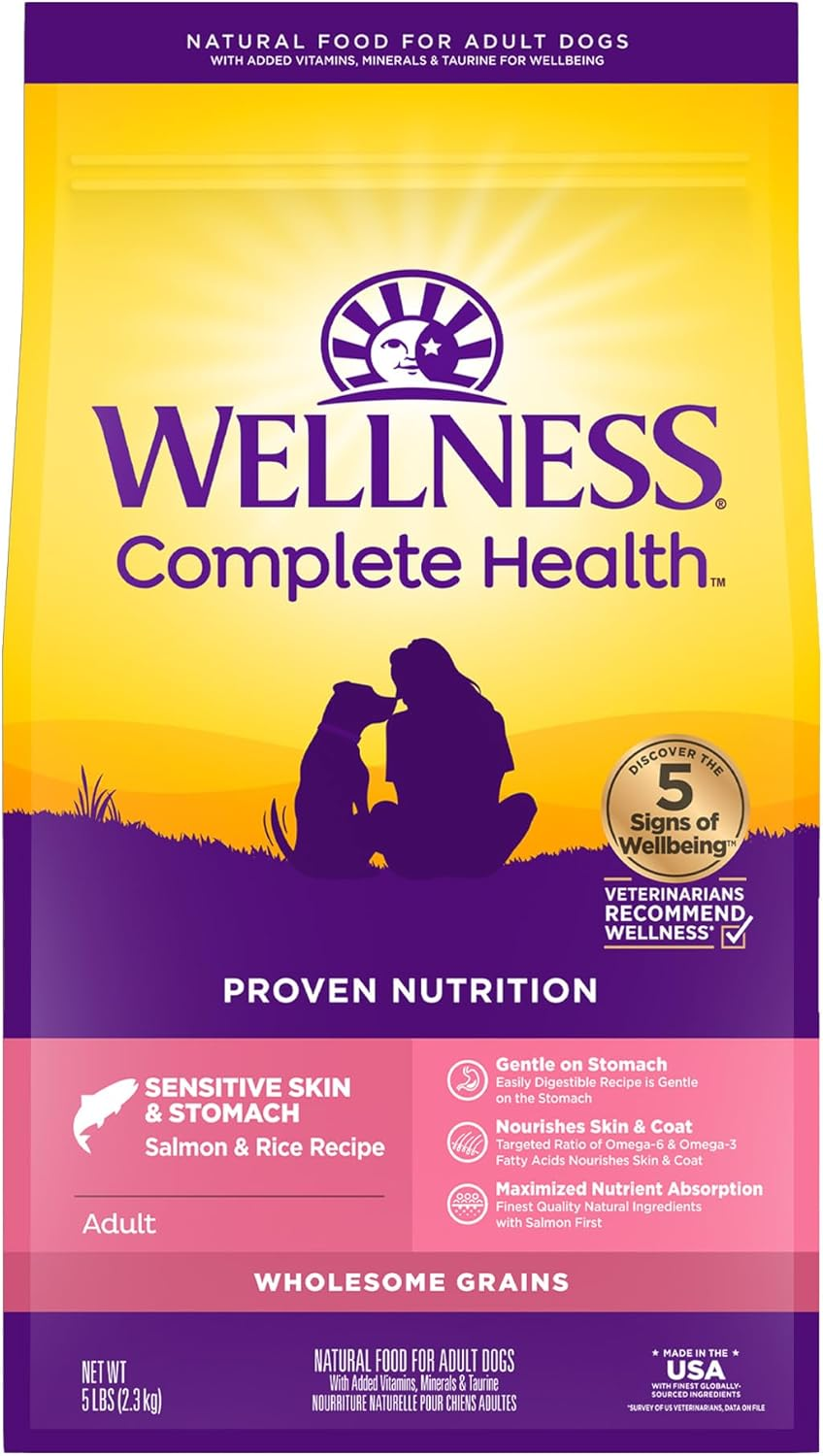Wellness Complete Health Sensitive Skin & Stomach Dry Dog Food, Wholesome Grains, Natural, Salmon & Rice Recipe