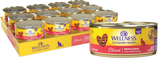 Wellness Complete Health Sliced Adult Wet Cat Food, Natural, Protein-Rich, Grain Free (Salmon Entrée)