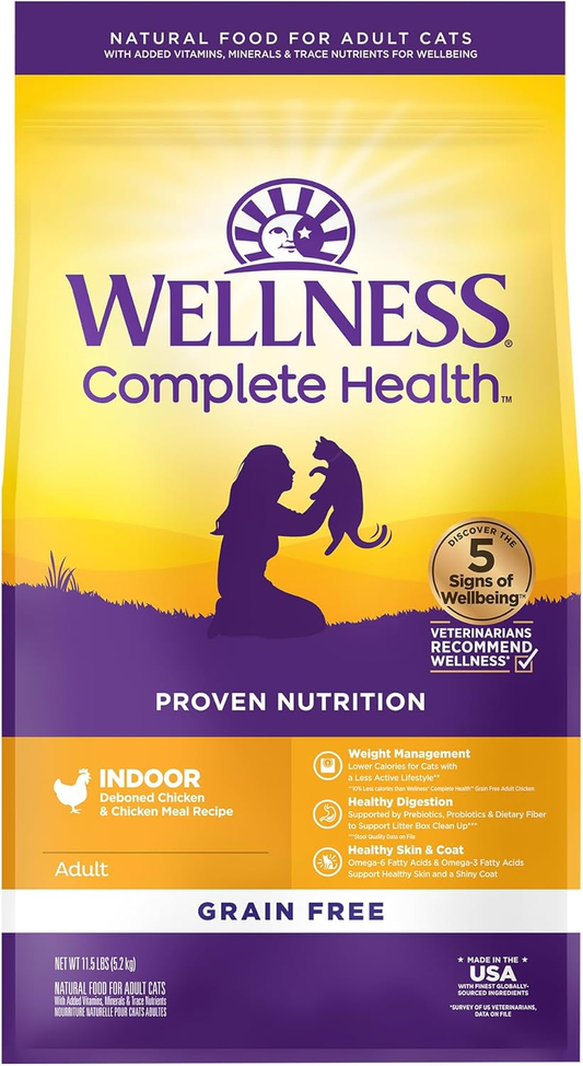 Wellness Complete Health Adult Dry Cat Food for Indoor Cats, Grain Free, Natural, Chicken & Chicken Meal