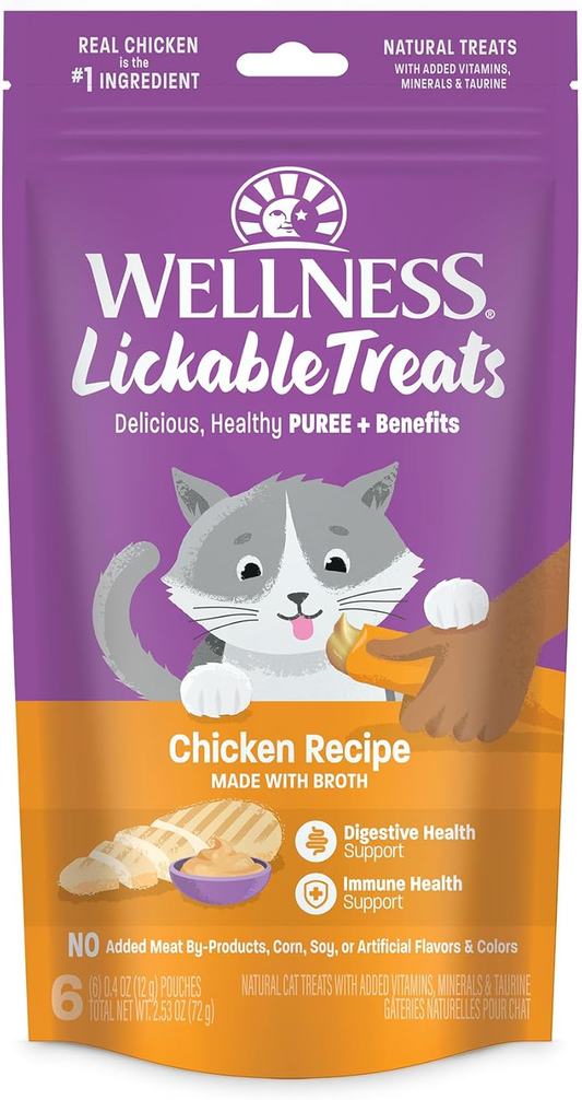 Wellness Lickable Treats Soft Puree Natural Grain Free Adult Cat Treats, Chicken Recipe