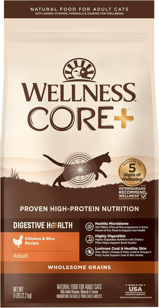 Wellness CORE+ Adult Dry Cat Food for Indoor and Outdoor Cats, Wholesome Grains, Natural, Digestive Health Chicken & Rice