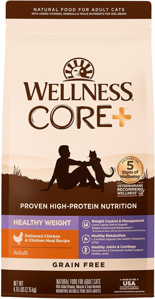 Wellness CORE+ Adult Dry Cat Food for Indoor & Outdoor Cats, Grain Free, Natural, Healthy Weight, Chicken and Chicken Meal