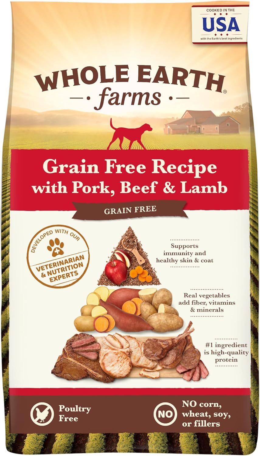 Whole Earth Farms Natural Grain Free Dry Kibble, Wholesome And Healthy Dog Food, Pork, Beef, And Lamb Recipe