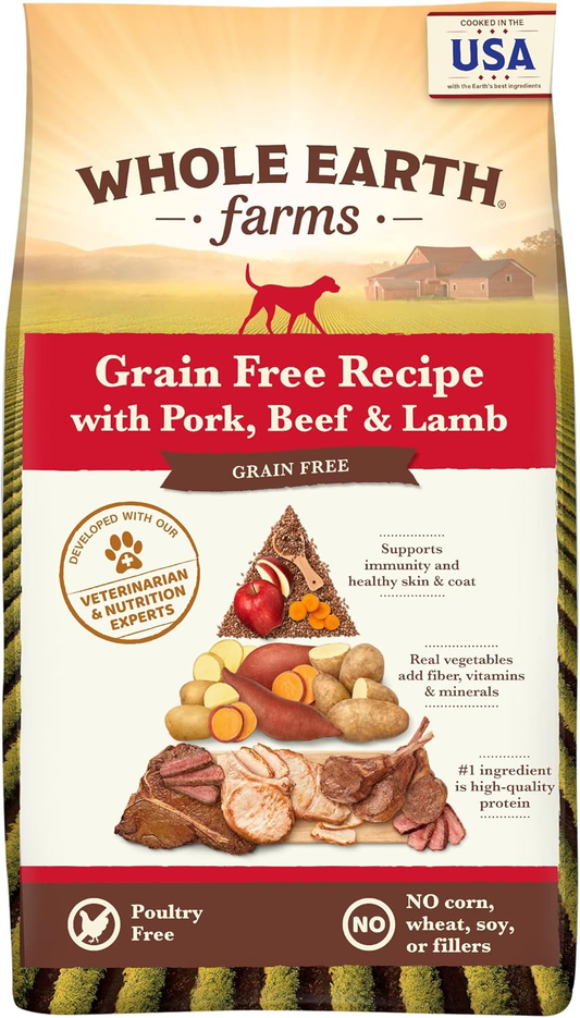 Whole Earth Farms Natural Grain Free Dry Kibble, Wholesome And Healthy Dog Food, Pork, Beef, And Lamb Recipe