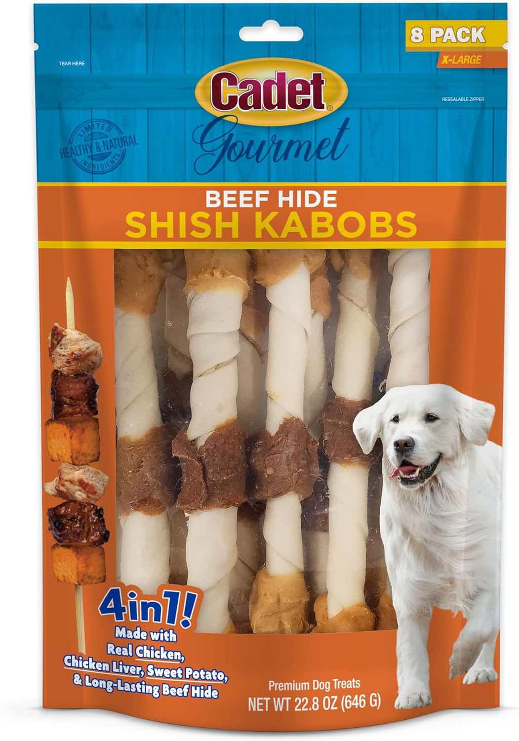 Cadet Gourmet Shish Kabob Dog Chews for Large Dogs, Rawhide Treats with Chicken and Sweet Potato, Healthy & Natural Beef Hide, 10-Inch Sticks