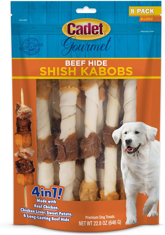 Cadet Gourmet Shish Kabob Dog Chews for Large Dogs, Rawhide Treats with Chicken and Sweet Potato, Healthy & Natural Beef Hide, 10-Inch Sticks