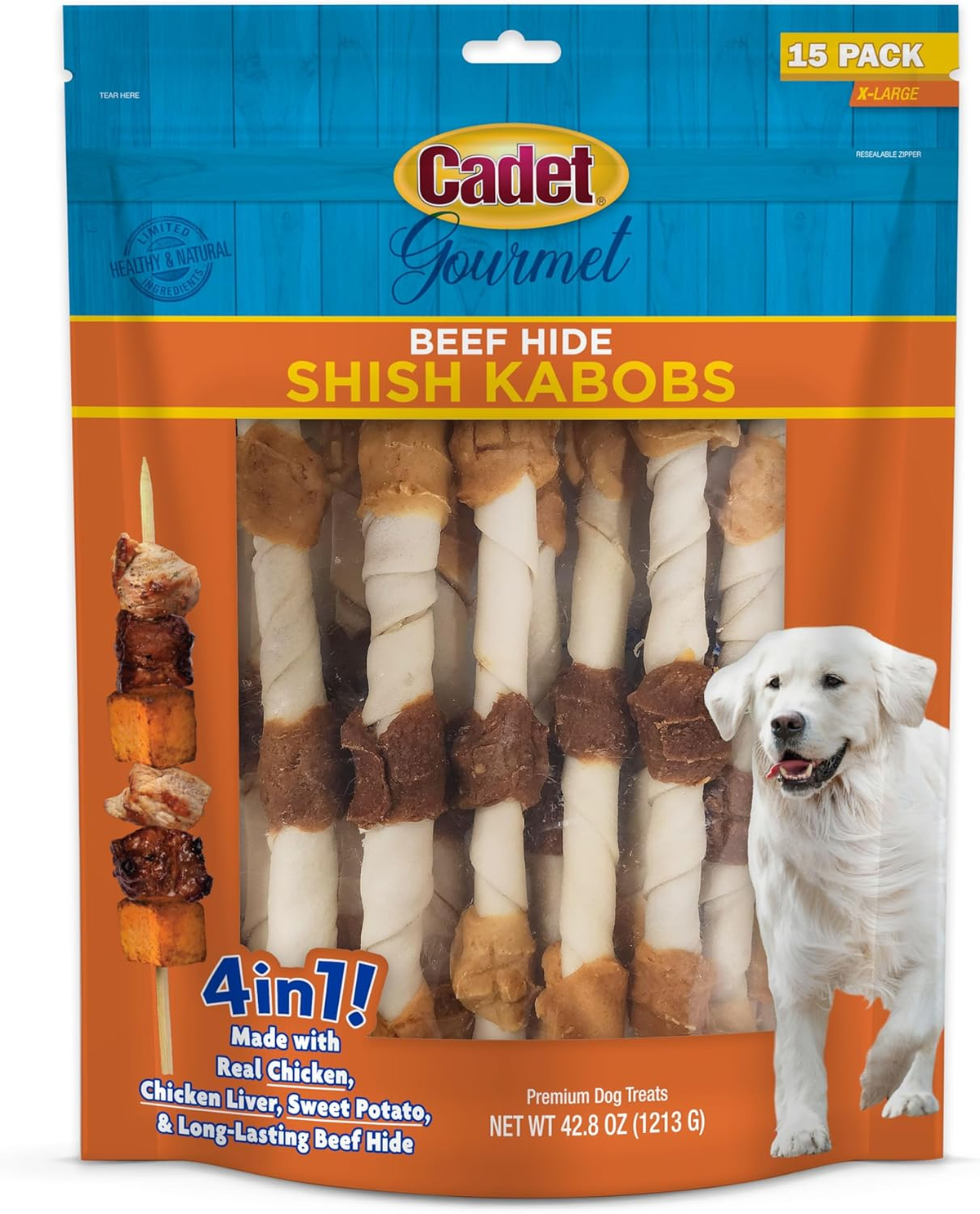 Cadet Gourmet Shish Kabob Dog Chews for Large Dogs, Rawhide Treats with Chicken and Sweet Potato, Healthy & Natural Beef Hide, 10-Inch Sticks