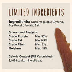 Cadet Gourmet Duck Breast Jerky Dog Treats, Healthy, Long-Lasting High-Protein Training Treats for Small & Large Dogs