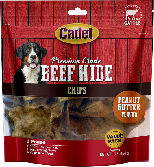 Cadet Premium Grade Beef Hide for Dogs, Long-Lasting Rawhide Chips, Single Ingredient Dog Chews, Peanut Butter Flavor