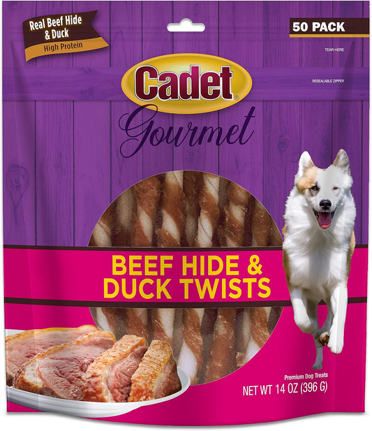 Cadet Gourmet Beef Hide Twist Chew Sticks, Long Lasting & Natural Chew Treats for Dogs, Inspected & Tested in USA, Duck Flavor