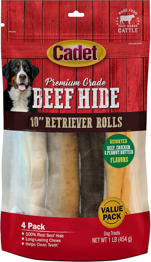Cadet Premium Grade Beef Hide for Dogs, Long Lasting Rawhide Retriever Rolls, Single Ingredient Dog Chews, Variety Flavor, 10 Inch