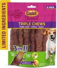 Cadet Gourmet Triple Chews Long-Lasting Pork Hide Sticks with Apple and Duck, Healthy Dog Treats for Small & Large Dogs