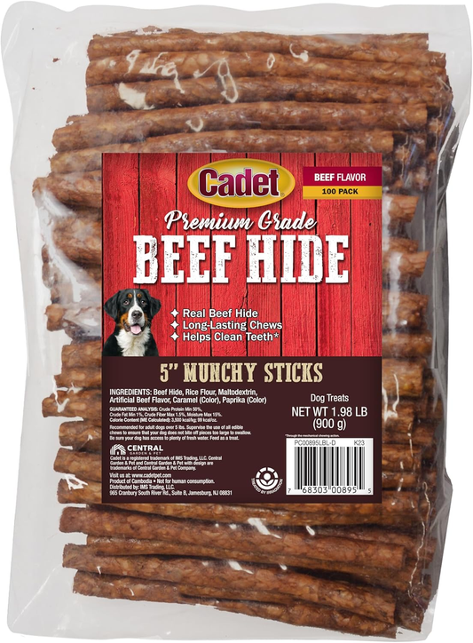 Cadet Premium Grade Beef Hide for Dogs, Long-Lasting Munchy Chew Sticks, Single-Ingredient Rawhide Dog Chews, 5-Inch
