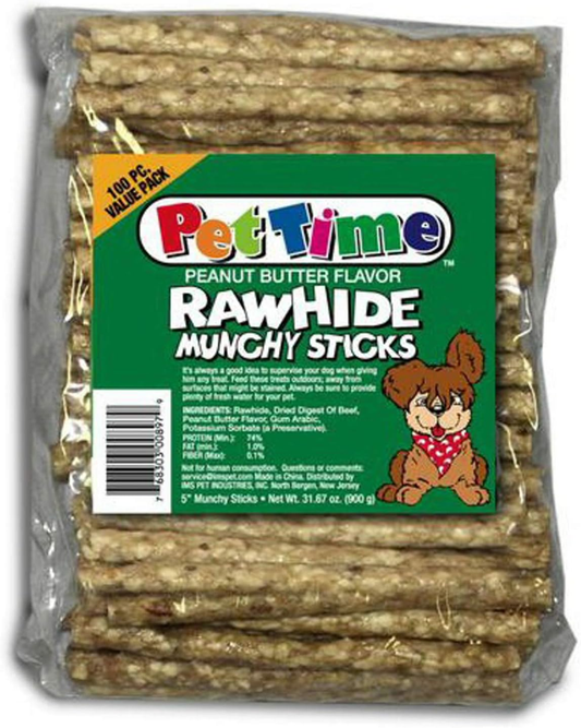 Cadet Premium Grade Rawhide for Dogs, Long-Lasting Munchy Sticks, Single-Ingredient Dog Chews, Peanut Butter Flavor, 5-Inch