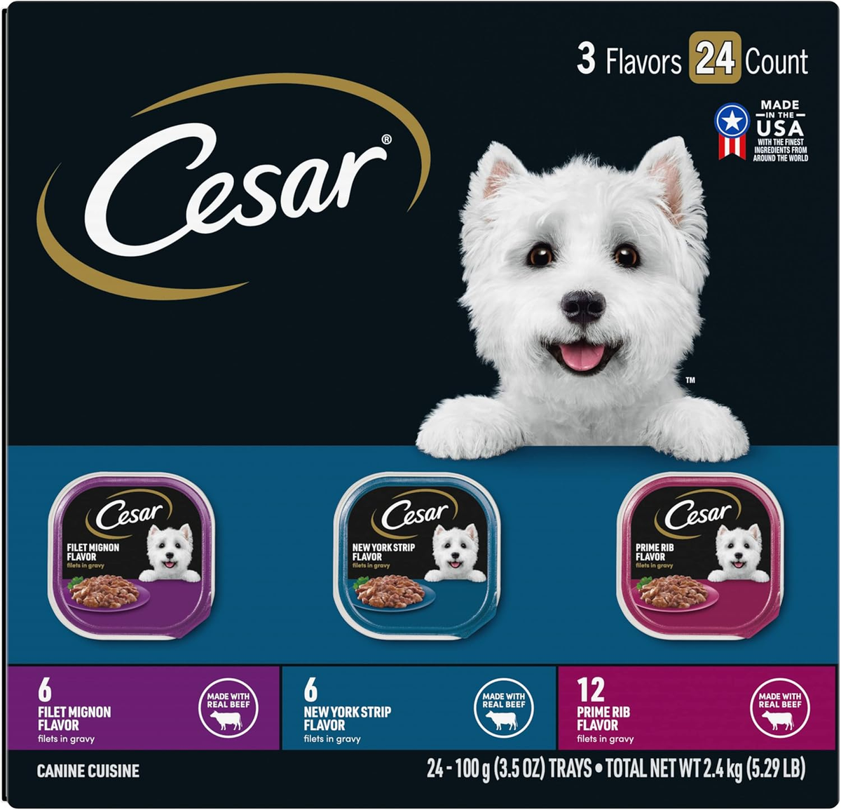 CESAR Adult Soft Wet Dog Food Filets in Gravy Variety Pack, Filet Mignon, New York Strip and Prime Rib Flavors