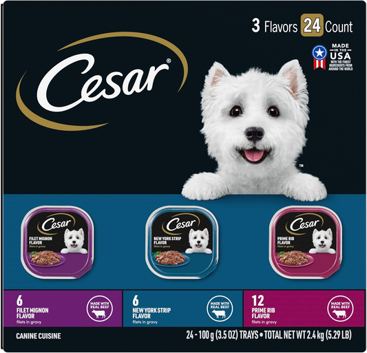 CESAR Adult Soft Wet Dog Food Filets in Gravy Variety Pack, Filet Mignon, New York Strip and Prime Rib Flavors