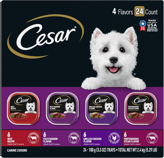 CESAR Adult Wet Dog Food Classic Loaf in Sauce Beef Recipe, Filet Mignon, Grilled Chicken and Porterhouse Steak Variety Pack, Easy Peel Trays