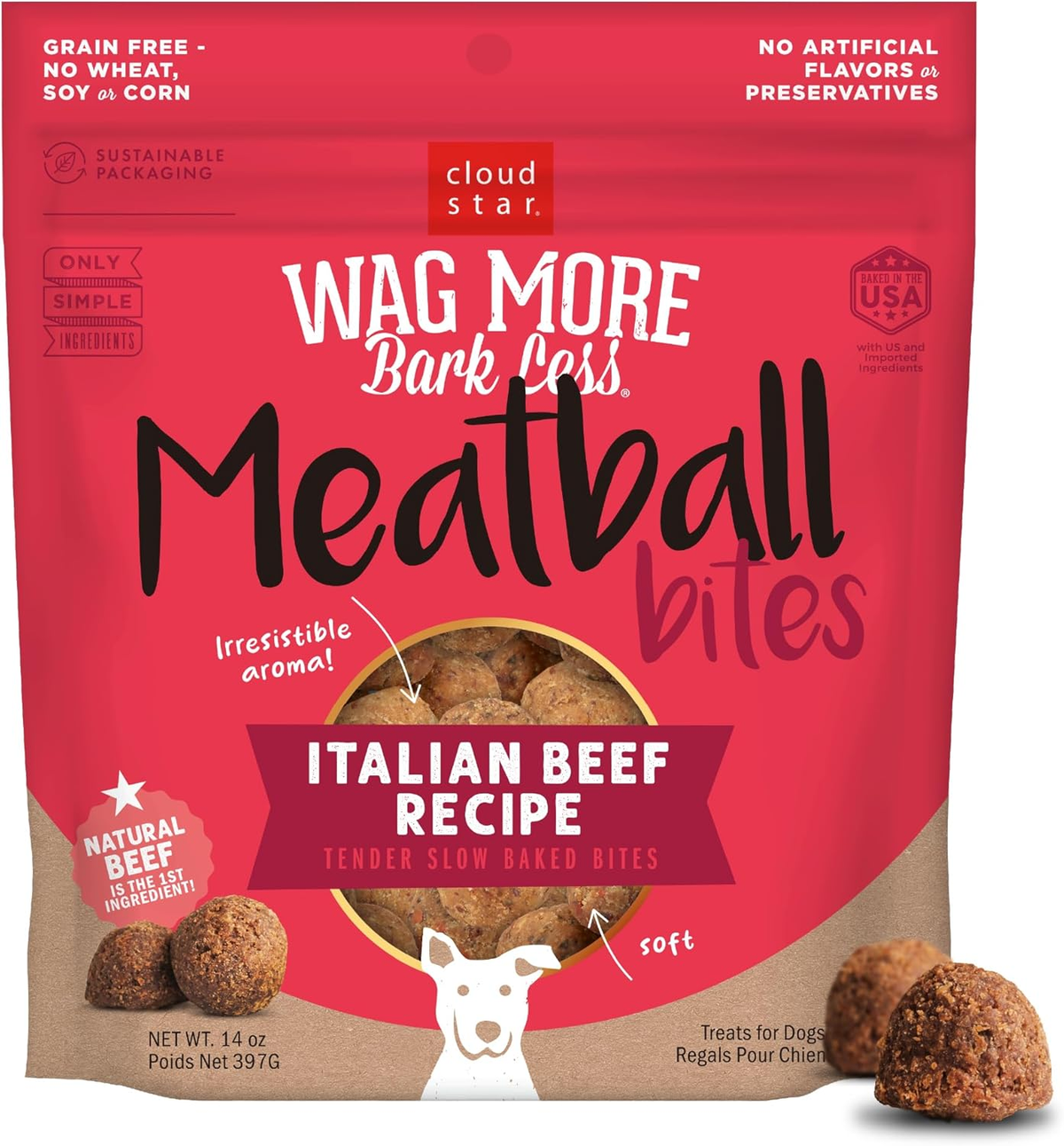 Cloud Star Wag More Bark Less Grain Free Meatballs Dog Treats with Beef