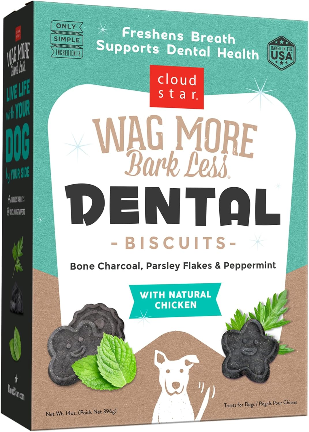 Cloud Star Wag More Bark Less Crunchy Dental Dog Treats, Chicken, Bone Charcoal, Parsley & Mint