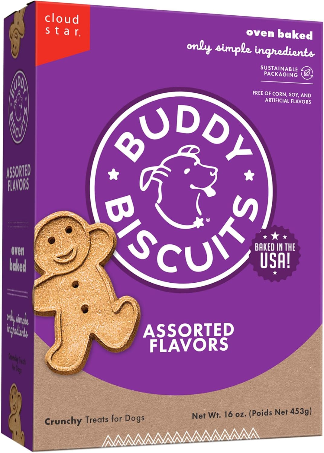 BUDDY BISCUITS Box of Crunchy Dog Treats Made with Assorted Flavors of Roasted Chicken, Grilled Beef, and Sharp Cheddar