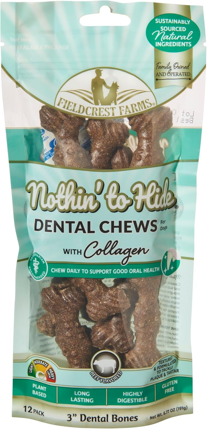 Fieldcrest Dental Chews for Dogs, Bone – Tackles Plaque, Tartar, Promotes Dental Health – w/Collagen, Organic, Gluten-Free
