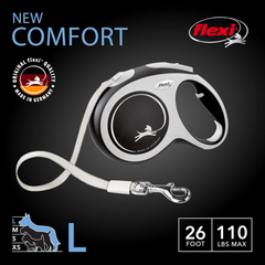 FLEXI® New Comfort Tape Retractable Dog Leash for Large Dogs Upto 110 lbs. – 26 ft., Nylon, Grey/Black| Tangle Free Pet Walking Leash with One-Handed Brake, Pause, Lock |German Quality Product