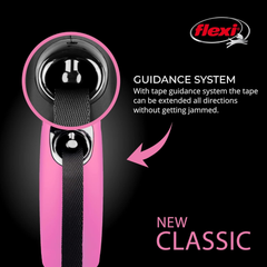 FLEXI New Classic Tape Retractable Dog Leash for Medium Dogs Upto 55 lbs. – 16 ft., Pink | Tangle Free Pet Walking Leash with One-Handed Brake, Pause, Lock | German Quality Product