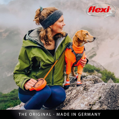 FLEXI New Classic Tape Retractable Dog Leash for Small Dogs Upto 44 lbs.– 16 ft.,Orange/Black | Tangle Free Pet Walking Leash with One-Handed Brake, Pause, Lock | German Quality Product